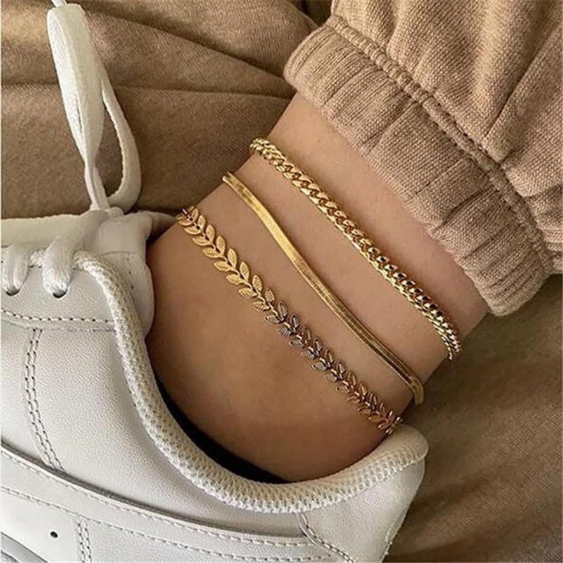 MIDEEO Gold/Silver Ankle Bracelets for Women,14K Gold Anklets for Women Waterproof Cuban Link Heart Beads Herringbone Rhinestone Anklets Set Layered Anklet Bracelets for Women Gold Jewelry Gift - Image 2